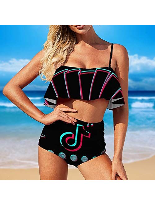 Ti-k to-k Women's Cute Two Pieces Bikini Set Ruffled Flounce Top with High Waisted Bottom Bathing Swimsuit Set M