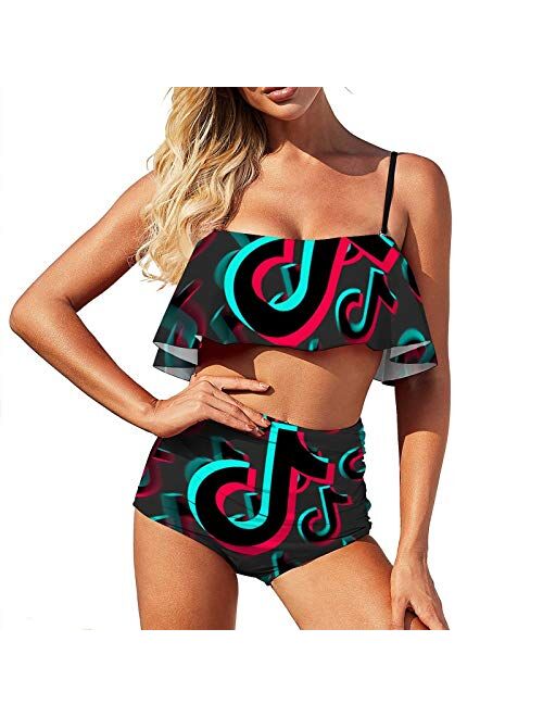 Ti-k to-k Women's Cute Two Pieces Bikini Set Ruffled Flounce Top with High Waisted Bottom Bathing Swimsuit Set M