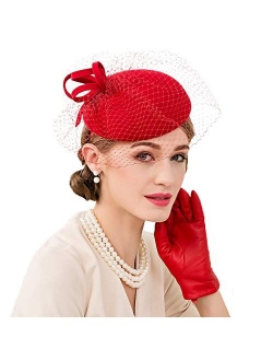 FADVES Ladies Fascinator Wool Pillbox Hats Felt Hats Party Wedding Derby Hat Veil