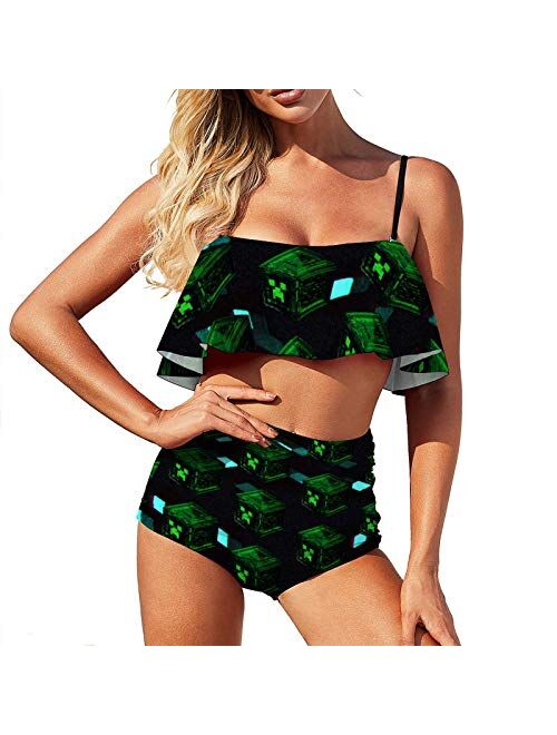 Mi-Necra-ft Women's Cute Two Pieces Bikini Set Ruffled Flounce Top with High Waisted Bottom Bathing Swimsuit Set M