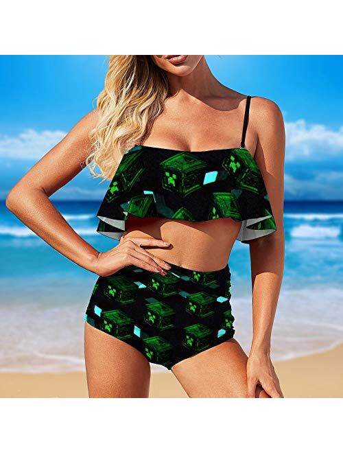 Mi-Necra-ft Women's Cute Two Pieces Bikini Set Ruffled Flounce Top with High Waisted Bottom Bathing Swimsuit Set M