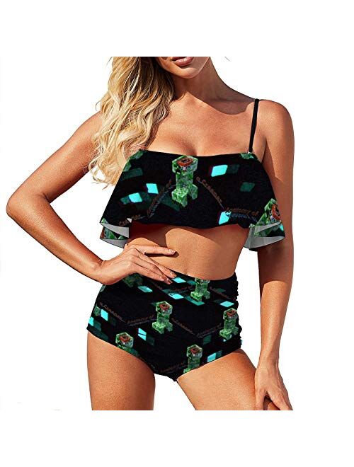 Mi-Necra-ft Women's Cute Two Pieces Bikini Set Ruffled Flounce Top with High Waisted Bottom Bathing Swimsuit Set M