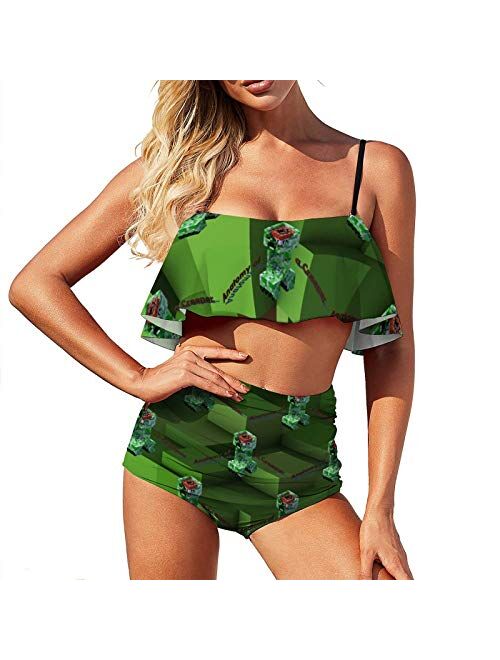 Mi-Necra-ft Women's Cute Two Pieces Bikini Set Ruffled Flounce Top with High Waisted Bottom Bathing Swimsuit Set M