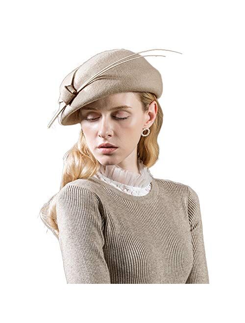 F FADVES Wool Fedora Women Hats Pillbox Fascinator Church Felt Hat Wedding Beret Cap