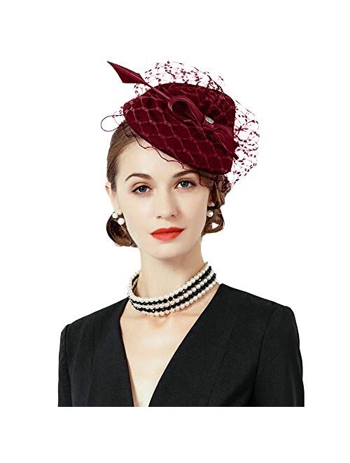 F FADVES Womens Feather Fascinator Wool Pillbox Party Kentucky Derby Veil Hat