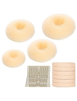 Hair Bun Maker Kit, YaFex Donut Bun Maker 4 Pieces(1 Large, 2 Medium and 1 Small), 5 Pieces Elastic Hair Ties, 20 Pieces Hair Bobby Pins, Brown