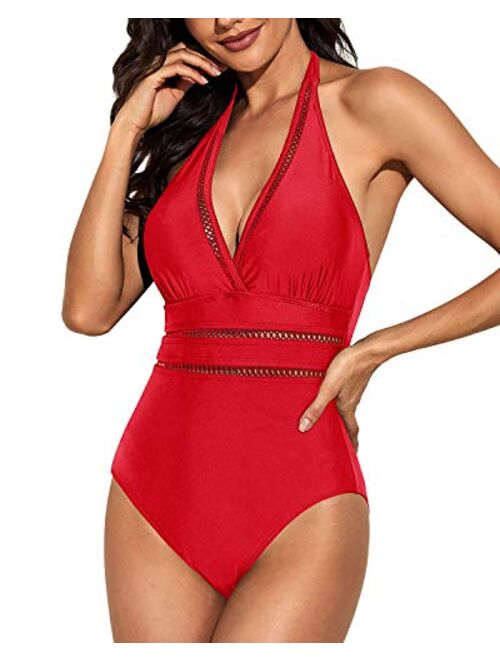 Tempt Me Women Halter Plunge V Neck One Piece Swimsuits Sexy Mesh Hollow Out Monokini Bathing Suits