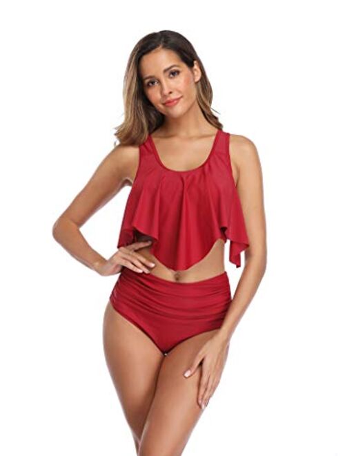 URVIP Swimsuits for Women Two Piece Bathing Suits Ruffled Flounce Top with High Waisted Bottom Bikini Set