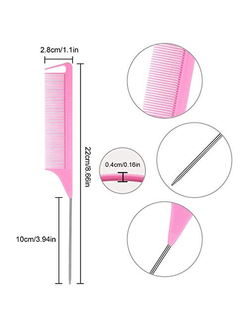 4 Piece Parting Rattail Comb for Braids Carbon Fiber Teasing Combs with Stainless Steel Pintail (Black, Red)