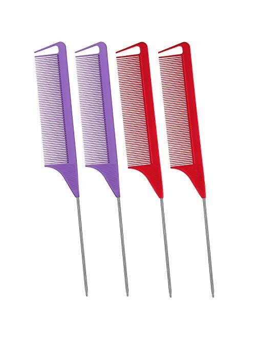 4 Piece Parting Rattail Comb for Braids Carbon Fiber Teasing Combs with Stainless Steel Pintail (Black, Red)