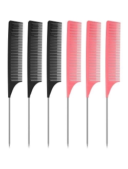 6 Pieces Highlighting Weaving Comb Rat Tail Hair Comb Pintail Comb Foiling Sectioning Hair Comb Carbon Fiber Teasing Comb Fine Teeth Parting Comb with Stainless Steel Pin