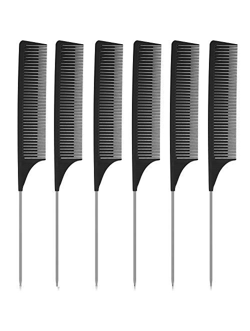 6 Pieces Highlighting Weaving Comb Rat Tail Hair Comb Pintail Comb Foiling Sectioning Hair Comb Carbon Fiber Teasing Comb Fine Teeth Parting Comb with Stainless Steel Pin