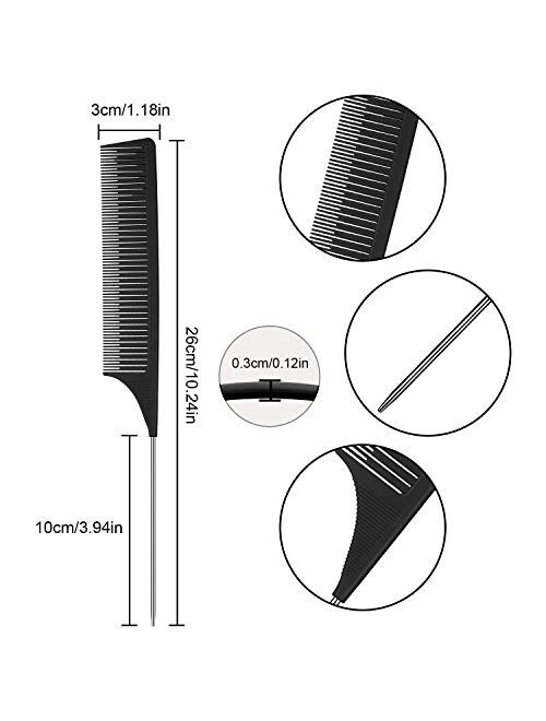 6 Pieces Highlighting Weaving Comb Rat Tail Hair Comb Pintail Comb Foiling Sectioning Hair Comb Carbon Fiber Teasing Comb Fine Teeth Parting Comb with Stainless Steel Pin