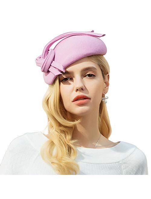 F FADVES Wool Fascinator Women Pillbox Hat Derby Church Party Wedding Formal Hats