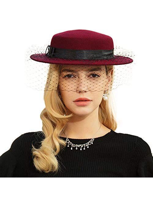 F FADVES Women's Wool Felt Fedora Boater Hat Wide Brim Church Party British Winter Hats with Veil