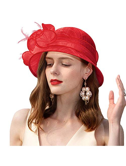 F FADVES Women Dress Church Cloche Hat Flower Fascinator Bridal Bucket Wedding Hats