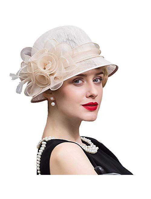 F FADVES Women Dress Church Cloche Hat Flower Fascinator Bridal Bucket Wedding Hats