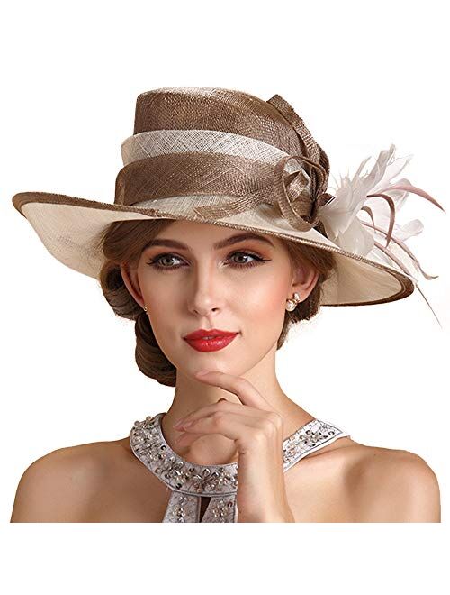 F FADVES Women's Wide Brim Sinamay Wedding Hats Floral Kentucky Derby Church Sun Hat