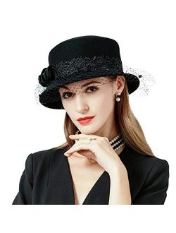 Wide Brim Wool Felt Hat Women Elegant Lace Veil Formal Occasions Hats