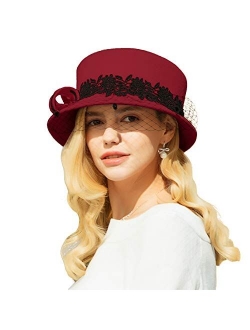 Wide Brim Wool Felt Hat Women Elegant Lace Veil Formal Occasions Hats