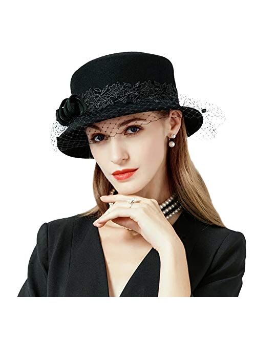 F FADVES Wide Brim Wool Felt Hat Women Elegant Lace Veil Formal Occasions Hats