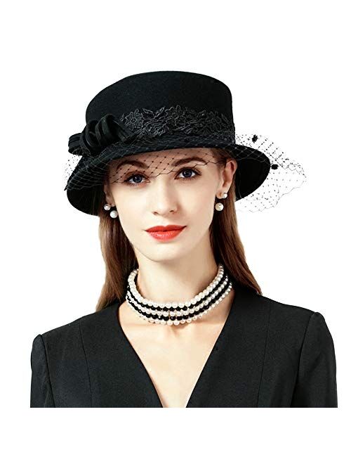 F FADVES Wide Brim Wool Felt Hat Women Elegant Lace Veil Formal Occasions Hats