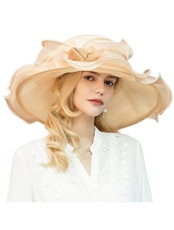 Ladies Wide Brim Organza Church Kentucky Derby Outdoor Wedding Bridal Party Sun Hat Bowknot