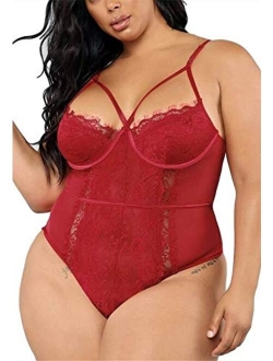 Plus Size Lingerie for Women Sexy Eyelash Lace Bodysuit Naughty See Through Mesh One Piece Teddy Outfits