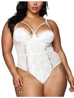 Plus Size Lingerie for Women Sexy Eyelash Lace Bodysuit Naughty See Through Mesh One Piece Teddy Outfits