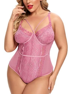 Plus Size Lingerie for Women Sexy Eyelash Lace Bodysuit Naughty See Through Mesh One Piece Teddy Outfits