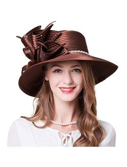 FADVES Ladies Satin Hat Fascinator Flowers Wide Brim Baptism Church Wedding Derby Cap