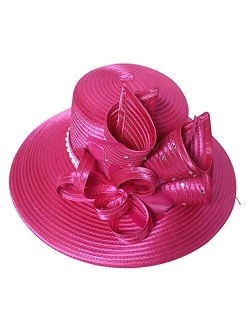 FADVES Ladies Satin Hat Fascinator Flowers Wide Brim Baptism Church Wedding Derby Cap