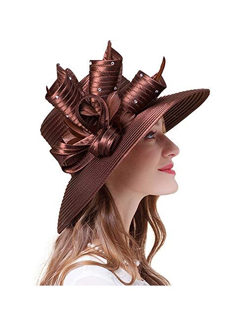 F Fadves FADVES Ladies Satin Hat Fascinator Flowers Wide Brim Baptism Church Wedding Derby Cap