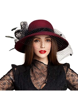 Large Brim Wool Fedora Wedding Veil Hat Winter Cloche Floppy Church Caps