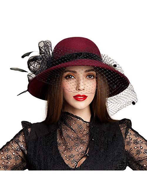 F FADVES Large Brim Wool Fedora Wedding Veil Hat Winter Cloche Floppy Church Caps