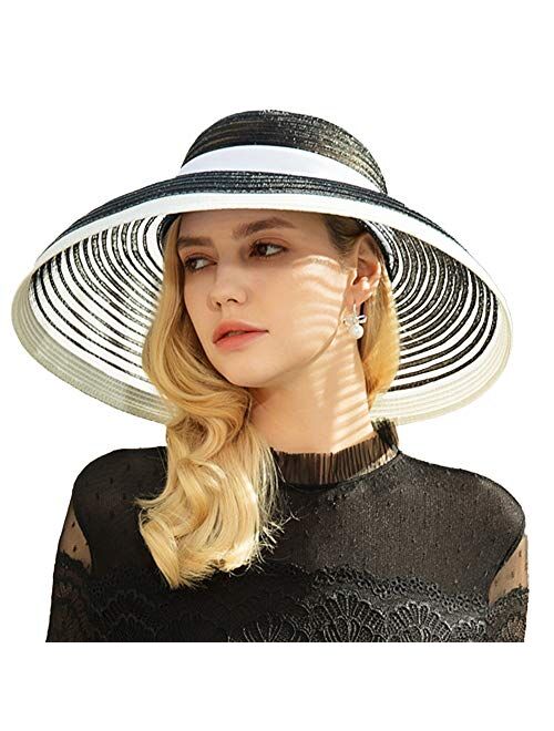 F Fadves FADVES Lady Wide Brim Fascinator Kentucky Derby Tea Party Bridal Wedding Floppy Hat