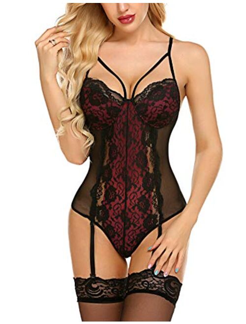 Avidlove Garter Lingerie For Women Sexy Lace Teddy Chemise One Piece Bodysuit