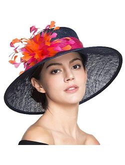 FADVES Sinamy Floral Feathers Kentucky Derby Floppy Wedding Dress Wide Brim Hat