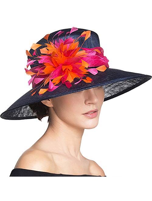 F Fadves FADVES Sinamy Floral Feathers Kentucky Derby Floppy Wedding Dress Wide Brim Hat