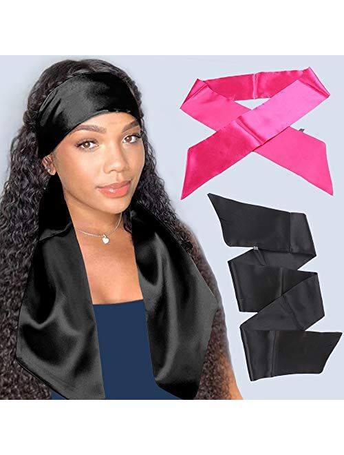 Xtrend 2Pcs Women's Satin Edge Scarves for Hair 58 Inch Laying Scarf for Lace Wig Non Slip Hair Wrap Wigs Grip Band for Yoga, Makeup, Facial, Sport (2 pcs, Black#)