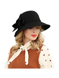 Hat Women Fedora Wide Brim Wool Hats Felt Cloche Hat for Ladies Vintage Church Flower Round Hats