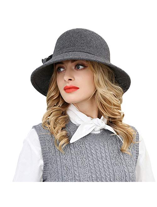 F FADVES Hat Women Fedora Wide Brim Wool Hats Felt Cloche Hat for Ladies Vintage Church Flower Round Hats