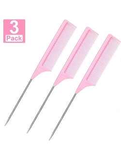 3 Packs Rat Tail Comb Steel Pin Rat Tail Carbon Fiber Heat Resistant Teasing Combs with Stainless Steel Pintail (Black)