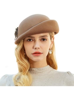 Women Vintage Beret Pillbox Hats Wool Felt Beanie Hat Fur Decoration