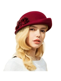 Women Vintage Beret Pillbox Hats Wool Felt Beanie Hat Fur Decoration