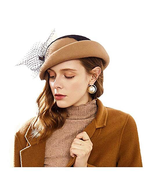 F FADVES Fedora Womens Hats Short Brim 1920s Fascinator Wool Felt Cloche Bucket Bowler Hat with Veil