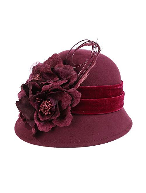 F FADVES Ladies Wool Felt Feather Bucket Cocktail Church Formal Party Flower Hat