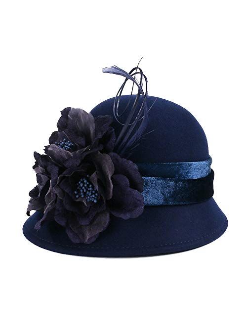 F FADVES Ladies Wool Felt Feather Bucket Cocktail Church Formal Party Flower Hat