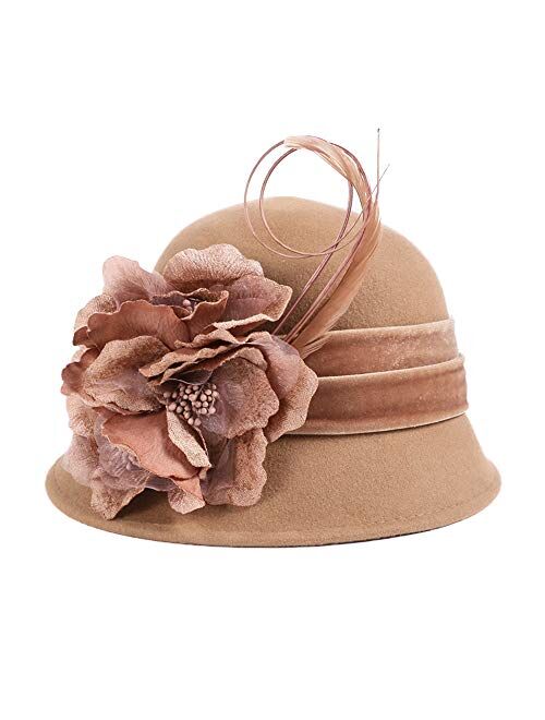 F FADVES Ladies Wool Felt Feather Bucket Cocktail Church Formal Party Flower Hat