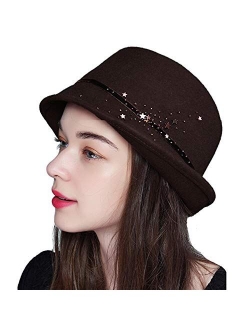 Women Vintage Style Wool Cloche Bucket Winter Hat with Star Sequins